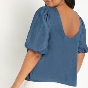 ELOQUII Blue Chambray Elbow Puff Sleeve Oversized Popover Blouse 24